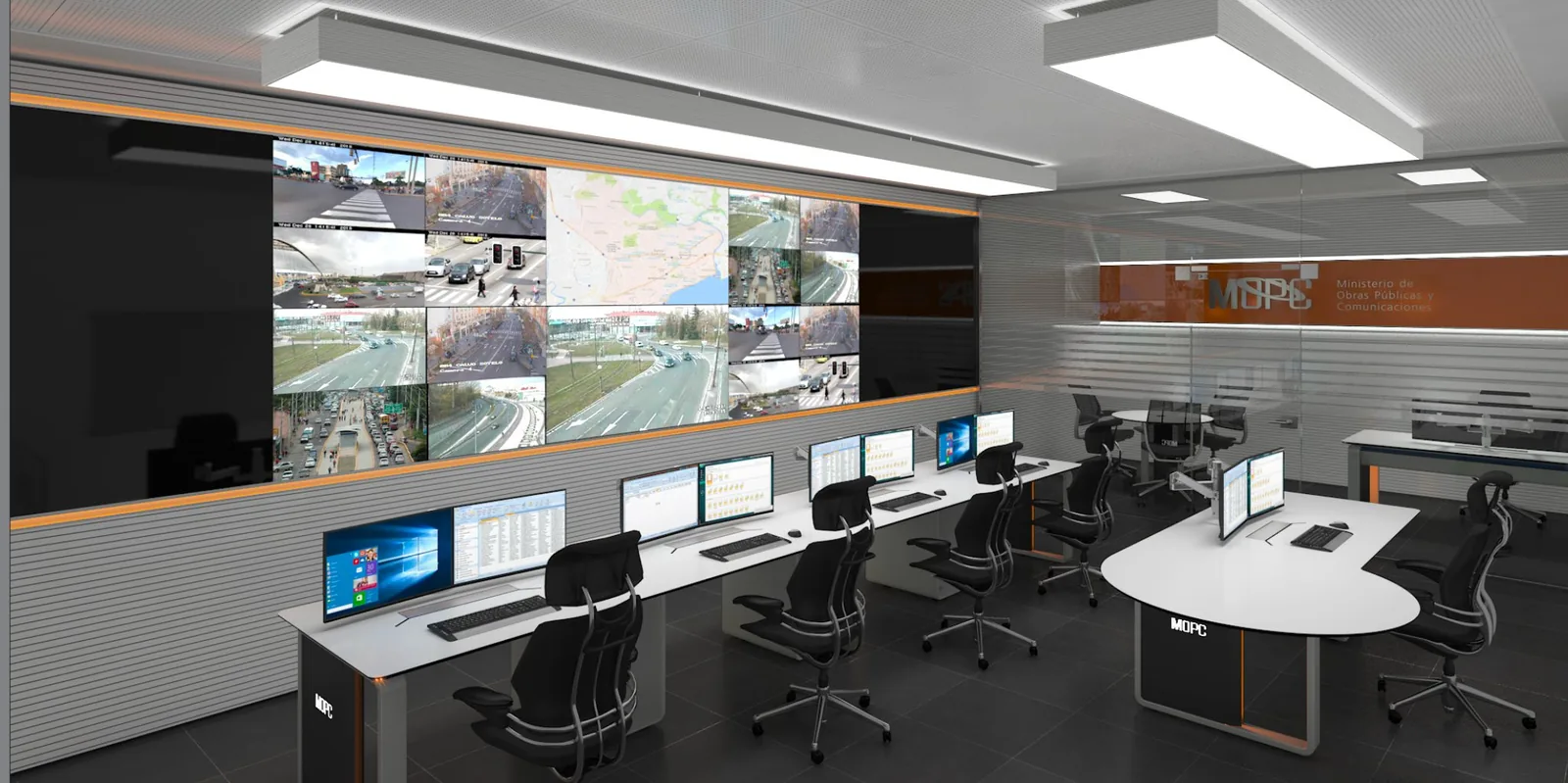 Centro de control de tráfico con videowall de cámaras de vía