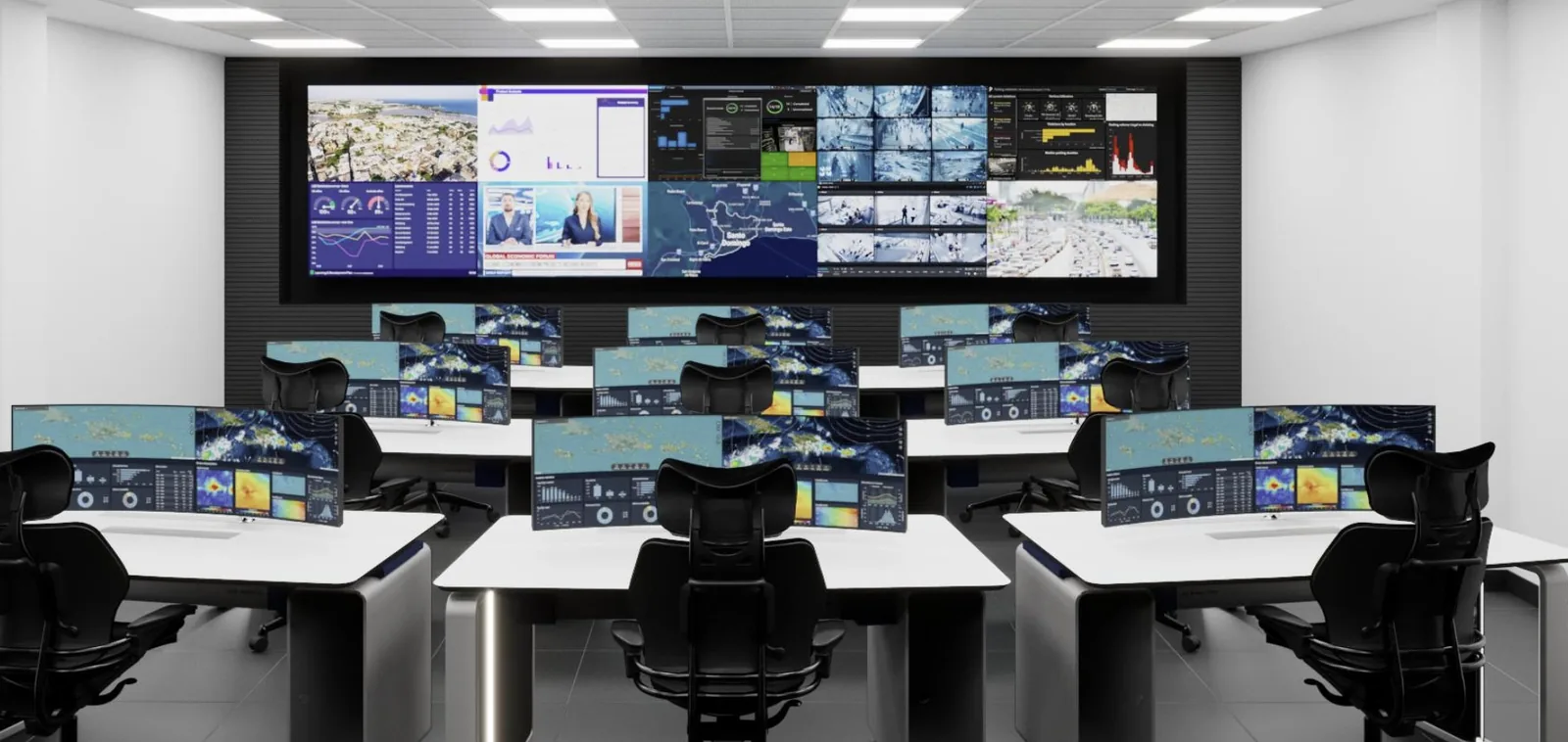 Videowall panorámico frente a nueve puestos de operador