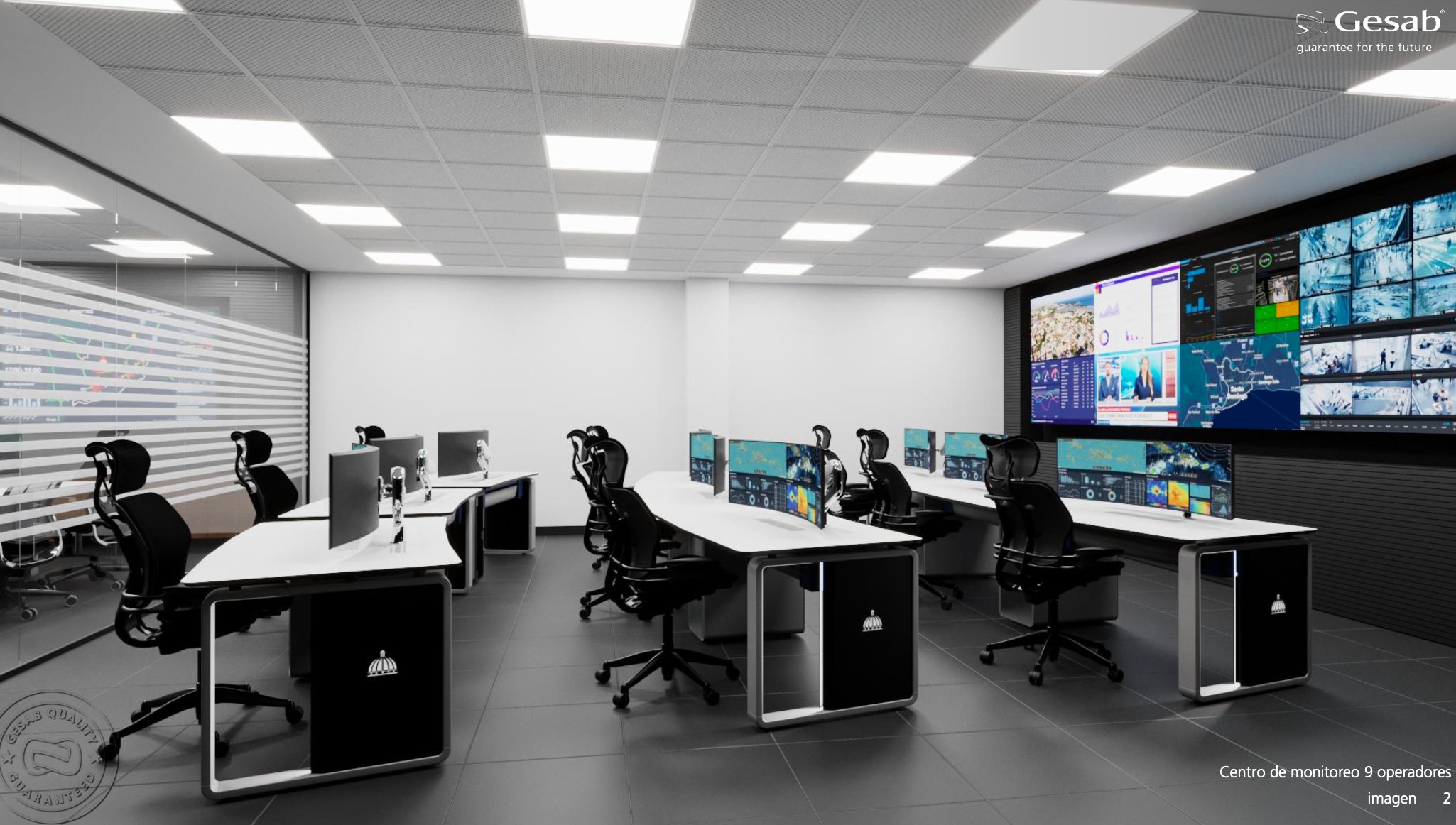 Centro de monitoreo 9 operadores — sala de control urbano